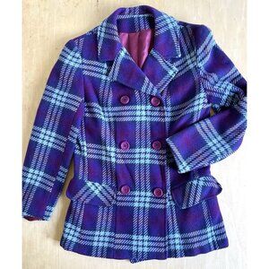 Vintage Retro Mod RC Quinn Purple Wool Plaid Blazer Jacket Womens
